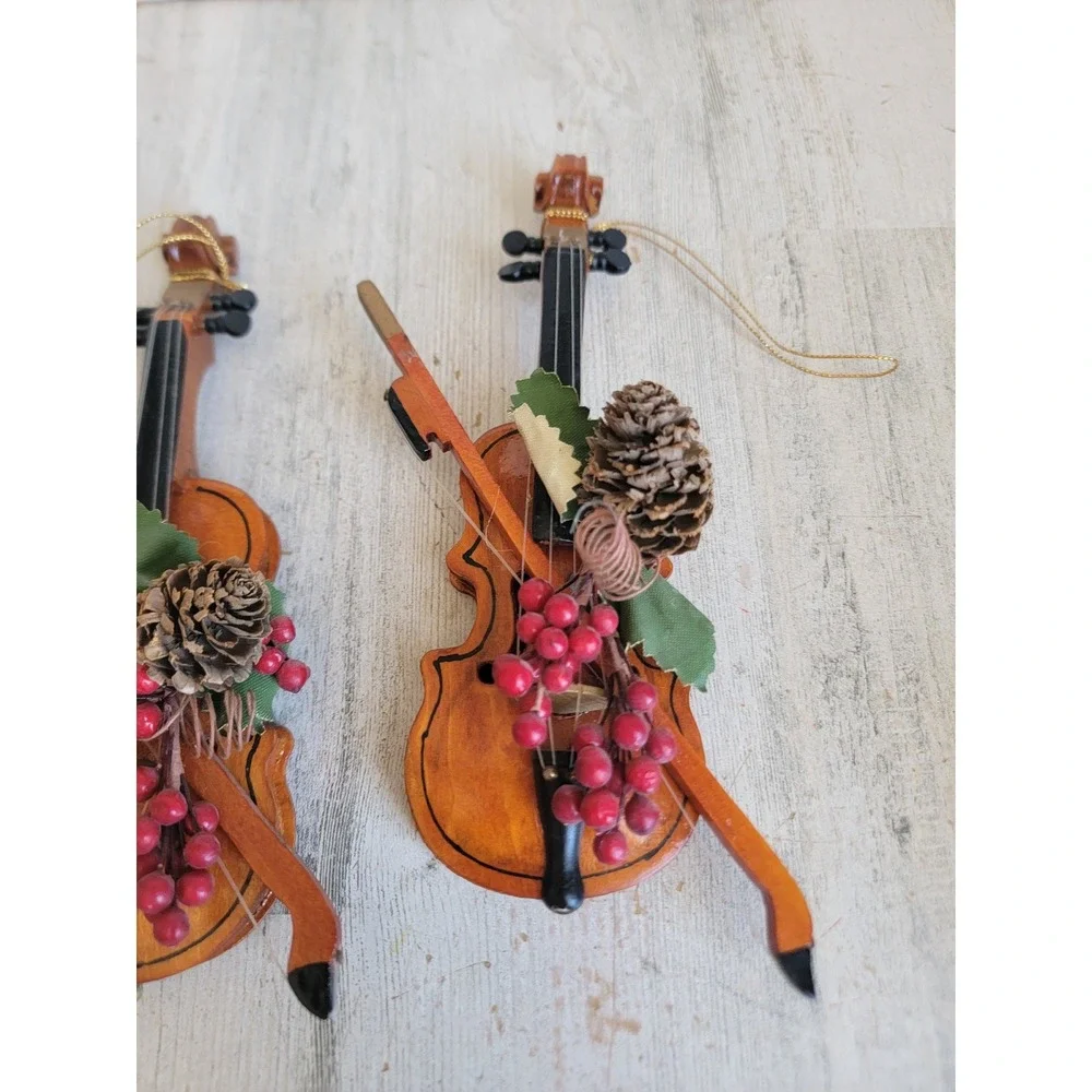 Vintage violin bow cranberry pine cone ornament Xmas wooden set home Cello